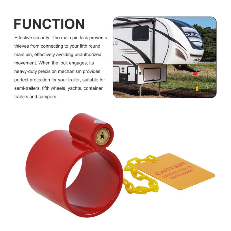 WINTOOLS Heavy Duty Steel Kingpin Lock Wheel Trailer Lock King Pin Red with Bright Yellow Caution Tag - Image 2